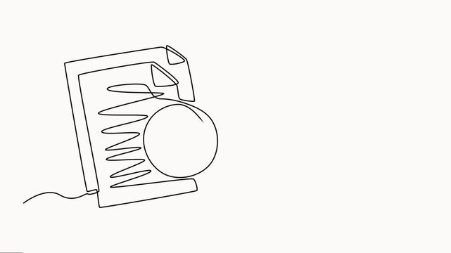 self drawing of continuous line draw paper document with magnifying glass. Office notes concept. Full length one line animation, Continuous one line drawing Search web concept.