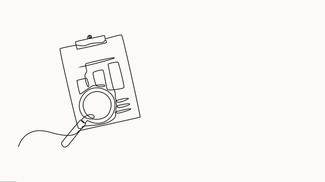 self drawing of continuous line draw paper document with magnifying glass. Office notes concept. Full length one line animation, Continuous one line drawing Search web concept.