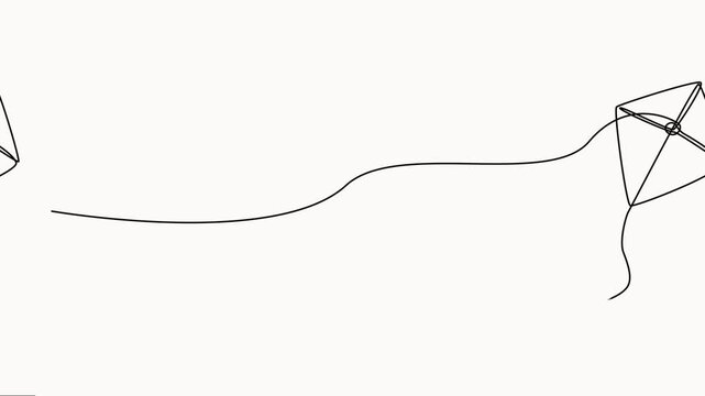 Self drawing animation one continuous line draw, logo, abstract flying kite, Minimalist Line Art Kite Loop Motion Graphics, Creative kite vector on white background.