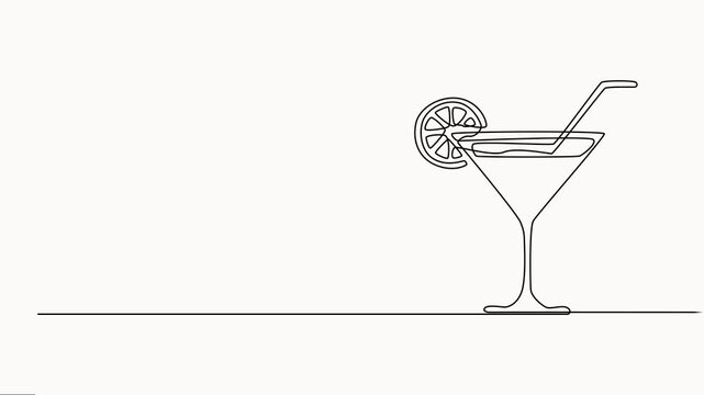  self drawing of continuous line draw of Tropical Cocktail in a Glass with slice og orange. Full-length one-line animation, vector on white background.