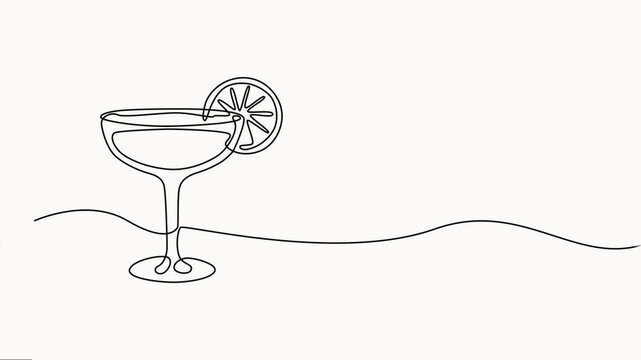  self drawing of continuous line draw of Tropical Cocktail in a Glass with slice og orange. Full-length one-line animation, vector on white background.
