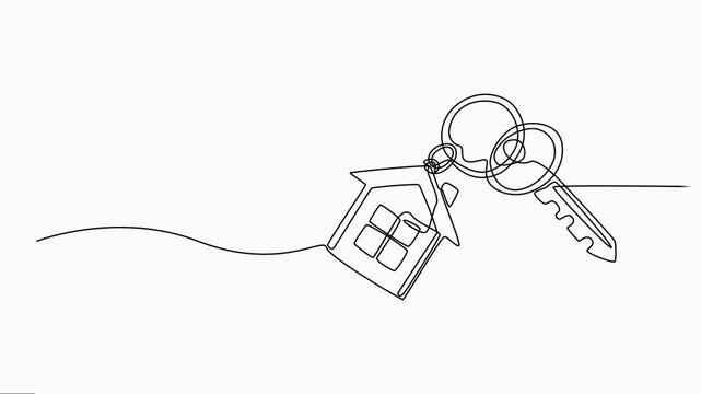 self-drawing of continuous line draw black flat style key, elegant key house logo design, Private security symbol animated video. Real estate concept, vector on white background.