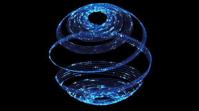 Abstract technology 3D blue sphere with motion lines and data dots. Concept glowing globe for science, nanotechnology or research.