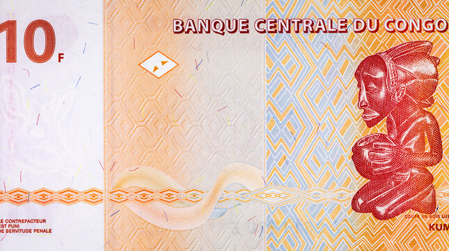 10 Congolese Francs banknote featuring a traditional Luba carved wooden statuette holding a bowl. Currency of Congo. Money of Africa.