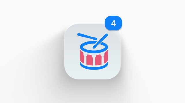 Snare drum app icon featuring animated notification badge with counter 1 to 99, dynamic shadow effect, minimalist drumsticks percussion marching beat concept, on white background. 