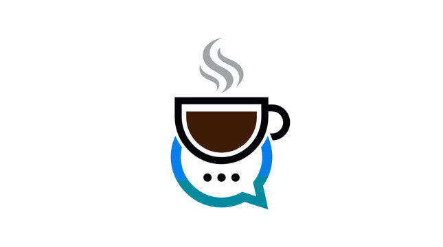 Minimalist coffee cup graphic combined with a vibrant blue chat bubble icon for digital communication