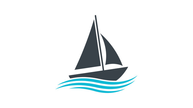 Minimalist sailboat icon featuring dark sails and flowing water waves created in a clean vector style