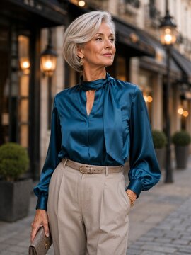 Older woman in elegant satin blouse walking in city street  