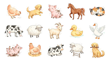 Obraz premium Adorable Watercolor Style Farm Animal Vector Set with Cute Cartoon Cow Pig Sheep Horse Goat Hen Duck Goose Dog and Sleeping Cat Characters