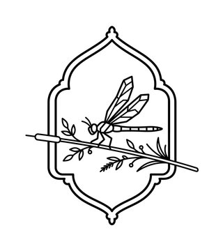Minimalist dragonfly line art, insect on cattail branch, nature logo design