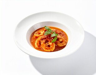 Fototapeta premium Shrimp in Tomato Sauce served in white bowl, overhead view