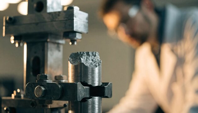 Industrial engineer inspecting a metal specimen under stress test in a metallurgy lab