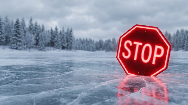 3D Glowing Neon Stop Sign Embedded in Cracked Frozen Lake Blurred Snowy Forest