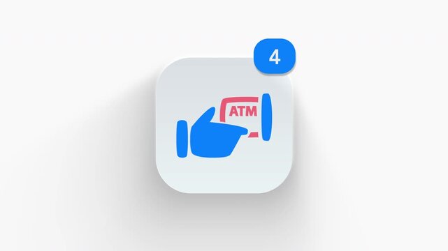3D hand inserting card into ATM icon with alert counter, designed for mobile banking alerts, transaction updates, and payment apps. 
