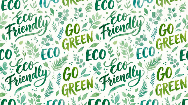Patterns of eco-friendly phrases and nature elements on a light background