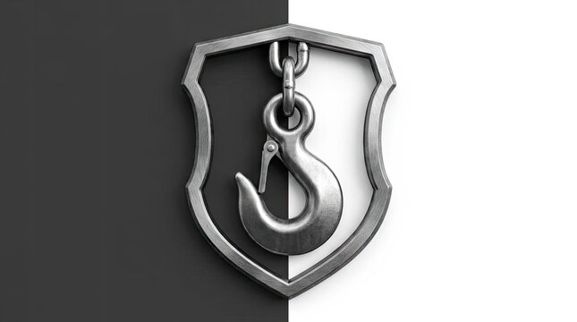 Metal industrial shield with lifting hook icon.