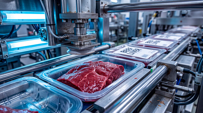 Macro view of beef liver being packaged in a thermoforming machine in a food processing facility