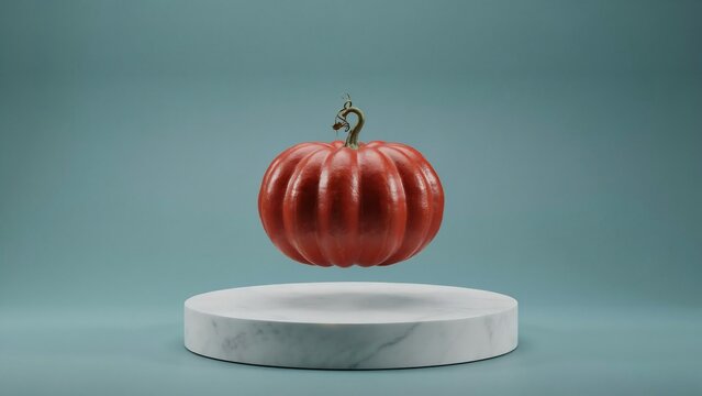 Elegant red pumpkin decoration floating above a white pedestal on a teal background