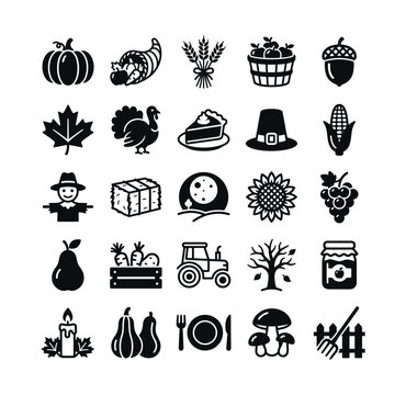 Thanksgiving Harvest and Autumn Farm Vector Icons Set for Event Banner