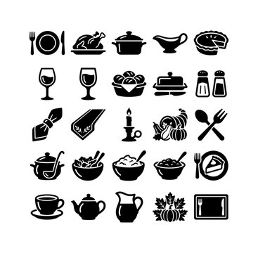 Thanksgiving Feast and Table Setting Vector Icons Set for Food Banner