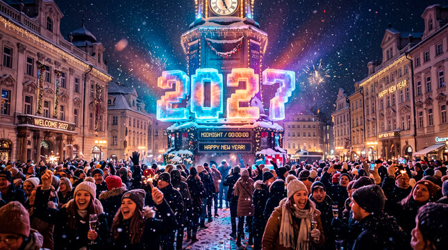 Crowd gathers in city square at midnight to celebrate New Year with glowing voxel display on tower