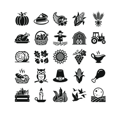 Thanksgiving Harvest Farm Icon Set Autumn Pumpkin Vector Solid Glyph Art