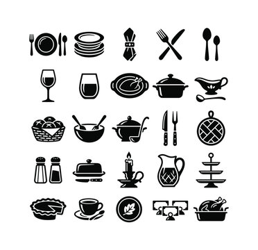Thanksgiving Dining and Tableware Vector Icons Set for Food Events