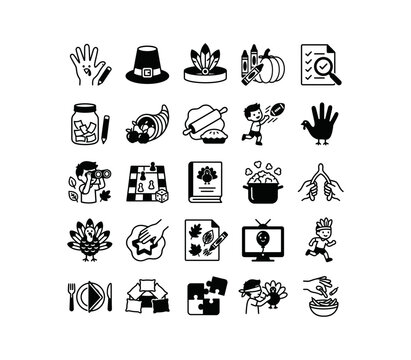Thanksgiving Kids Activity Icon Set Family Tradition Vector Solid Line Art
