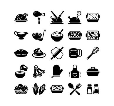 Thanksgiving Dinner and Cooking Vector Icons Set for Food Design