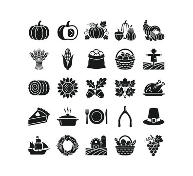 Thanksgiving Harvest Pumpkin Icon Set Autumn Farm Vector Solid Glyph Art
