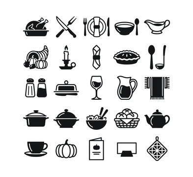 Thanksgiving Dinner Table Setting Icon Set Cutlery Feast Vector Glyph Art
