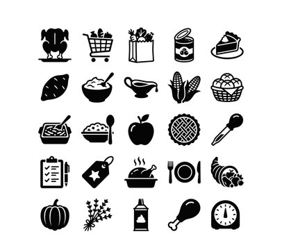 Thanksgiving Dinner Food Icon Set Roast Turkey Harvest Vector Line Art