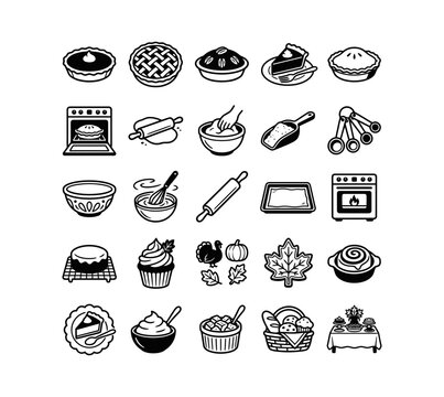 Thanksgiving Baking Icon Set Pumpkin Pie Vector Dessert Line Art