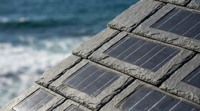 Solar shingles rooftop integrated photovoltaic tiles mimic traditional slate on a coastal house with blurred ocean background