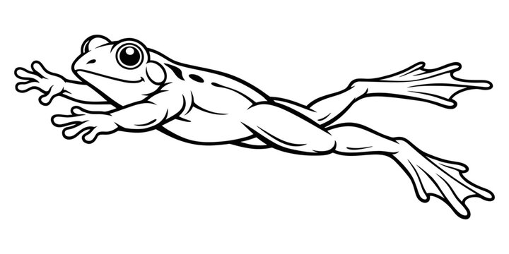 A black and white line art illustration of a cute cartoon frog jumping in the air