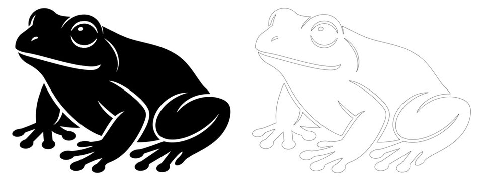 Set of stylized frog illustrations featuring a solid black silhouette and a matching thin line art outline