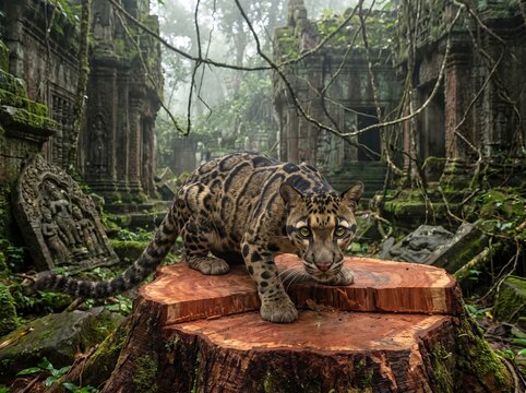 Elusive clouded leopard crouching on massive freshly cut mahogany stump