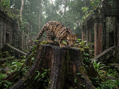 Elusive clouded leopard crouching on massive freshly cut mahogany stump