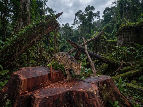 Elusive clouded leopard crouching on massive freshly cut mahogany stump