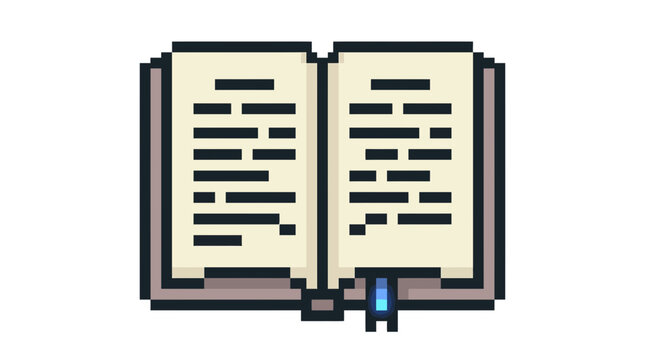 Open book illustration featuring pixel art style with beige pages and a glowing blue bookmark