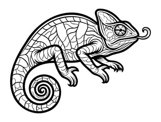 Fototapeta premium Detailed black and white vector illustration of an exotic chameleon lizard with textured skin coiled tail and extended tongue isolated