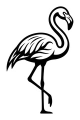 Fototapeta premium Black and white line art vector illustration of a flamingo standing on one leg with flamingo standing feathers wildlife illustration