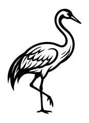 Naklejka premium Detailed black and white engraving style vector illustration of a standing crane bird with standing feathers wildlife illustration