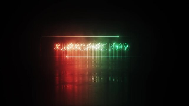 Animation text of Subscribe Now laser neon glitch text effect cinematic title on black abstract backgroud. 