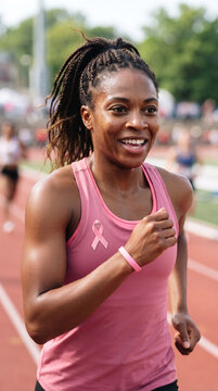 Female athlete wearing pink wristband and pink tones clothes for health awareness, Pink October, Breast Cancer Prevention Campaign