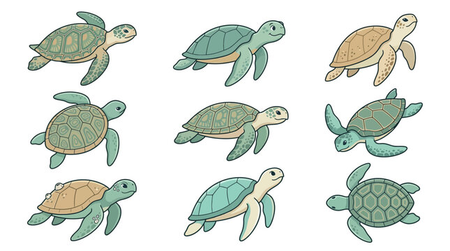 Cute sea turtle collection featuring various swimming poses with green and brown shells in flat style