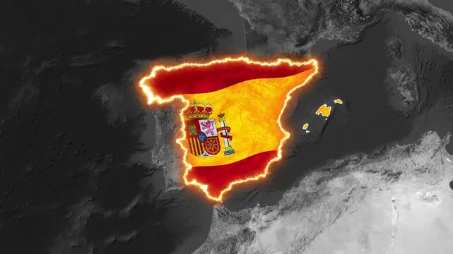3D animated map of Spain with national flag and glowing borders