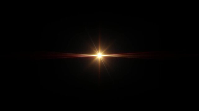 Loop center flickering golw gold optical lens flares star shine light animation art on black abstract background. Lighting lamp rays effect dynamic bright video footage 