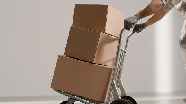Courier Worker Moving Cardboard Packages with Hand Truck for Delivery Service