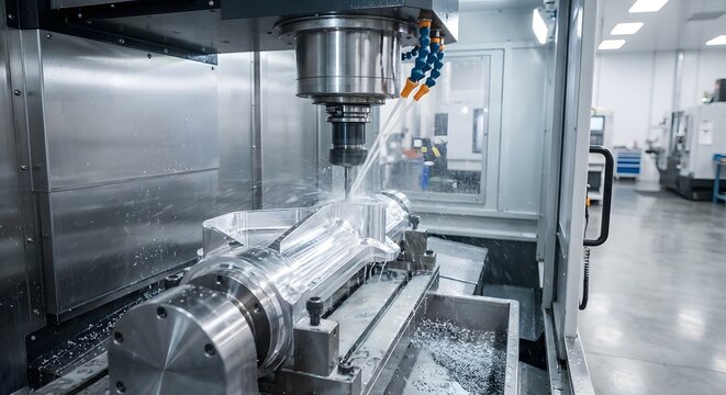 5-Axis CNC Machining Center with Robotic Tool Head in Modern Factory
